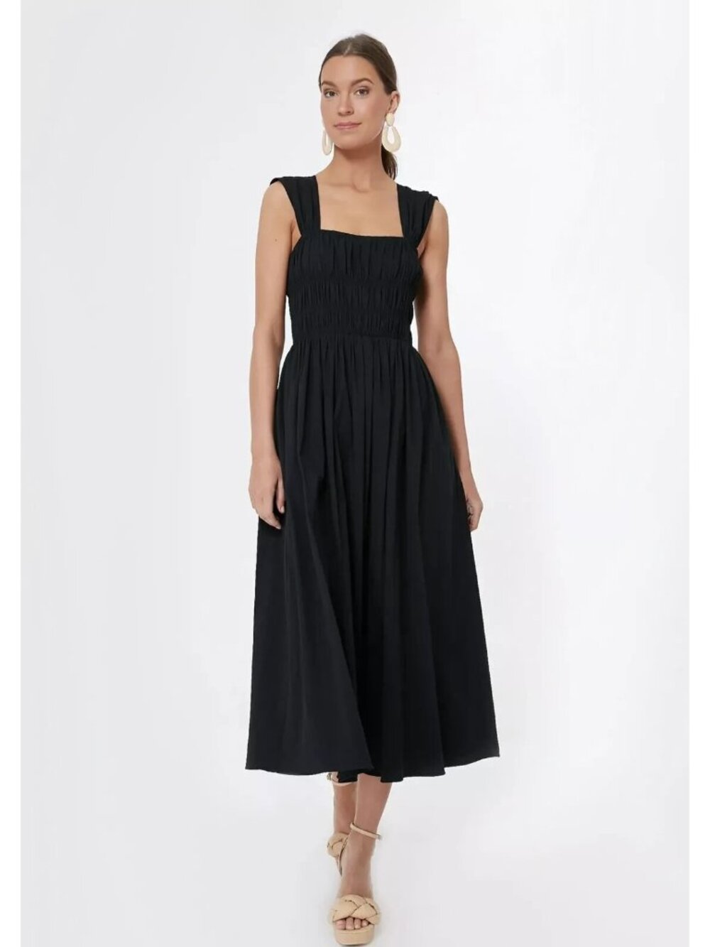 NWT Tuckernuck POMANDER PLACE Noah in Black Smocked Cotton Midi Dress XS